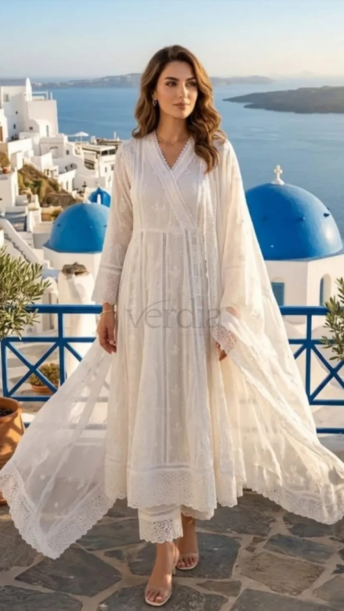 Chikankari anarkali suit crafted from soft mulmul cotton view 2