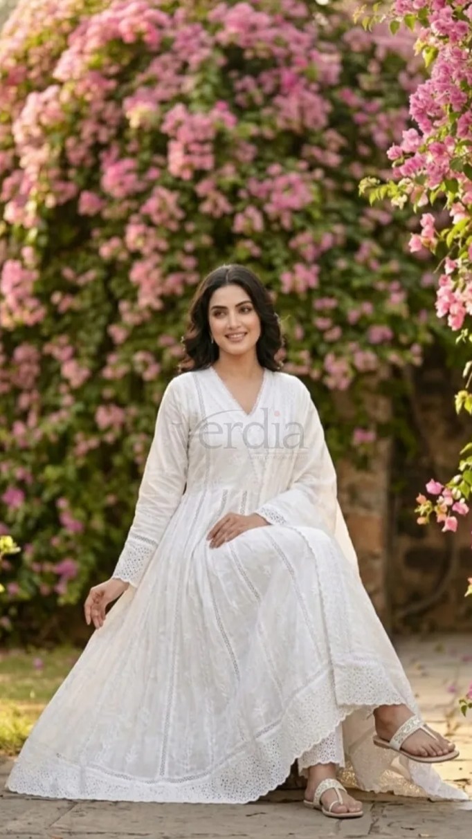 Chikankari anarkali suit crafted from soft mulmul cotton