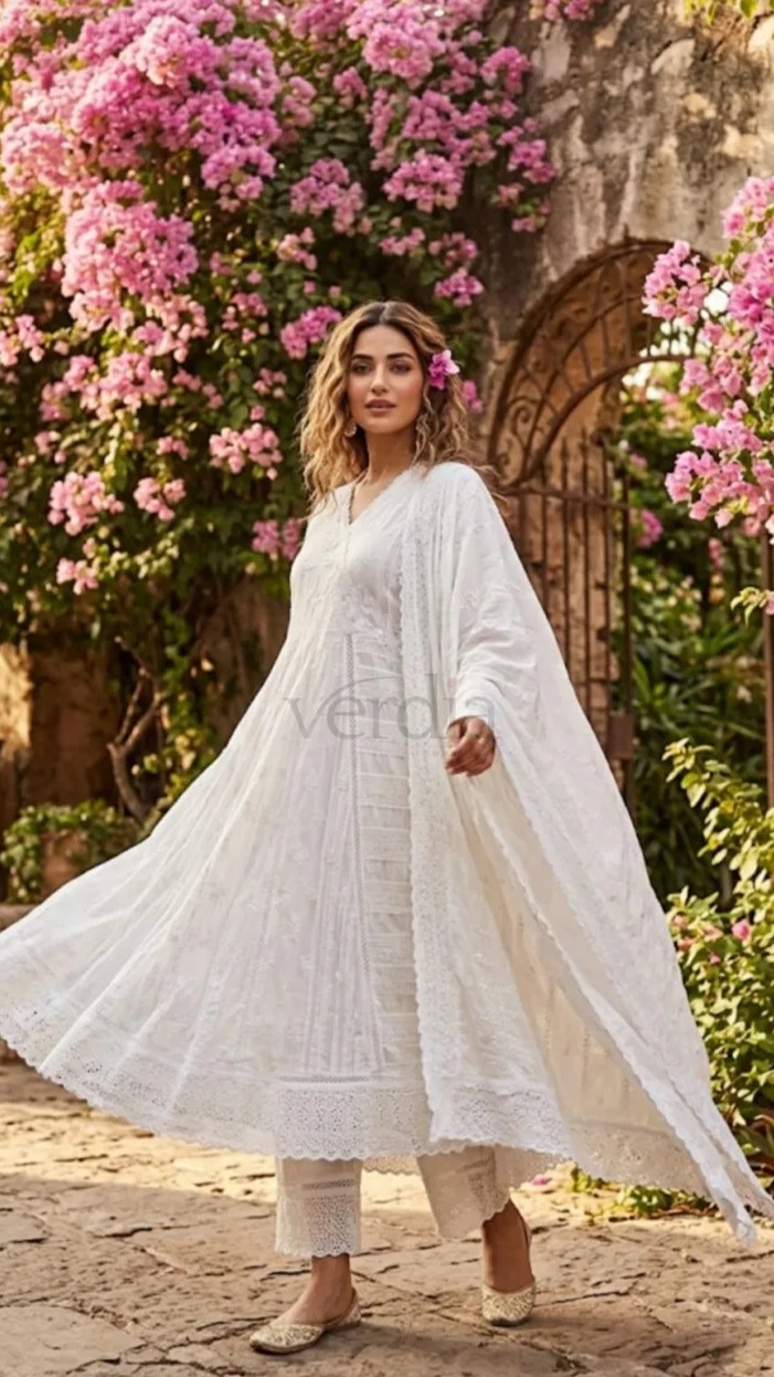 Chikankari anarkali suit crafted from soft mulmul cotton view 3