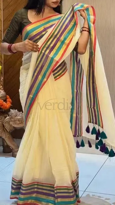 Pure mul cotton  Saree featuring a kanchi border with blouse fabric. view 5