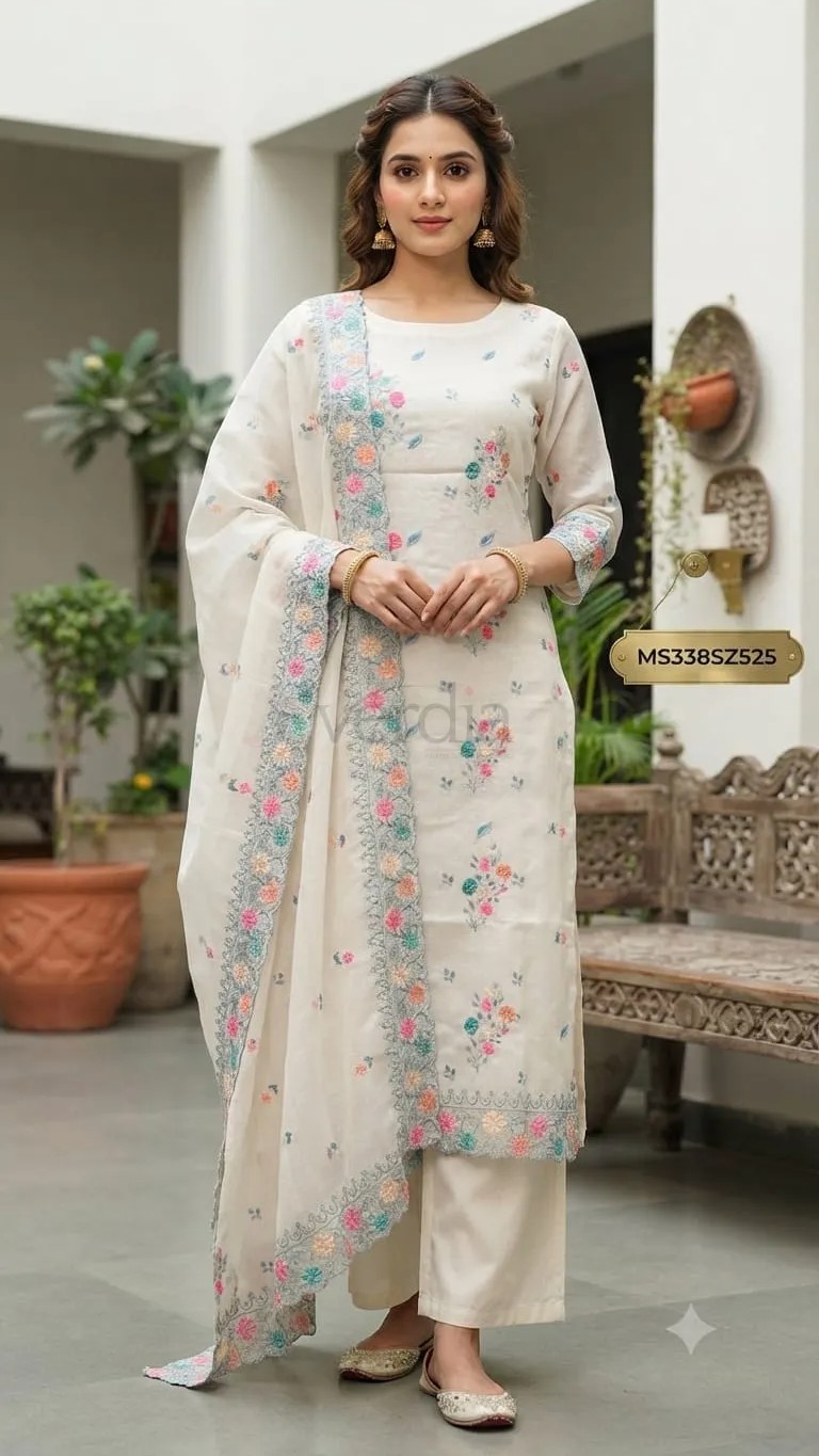 Mul Chanderi with Multi-embroidery Suit (Unstitched Material)
