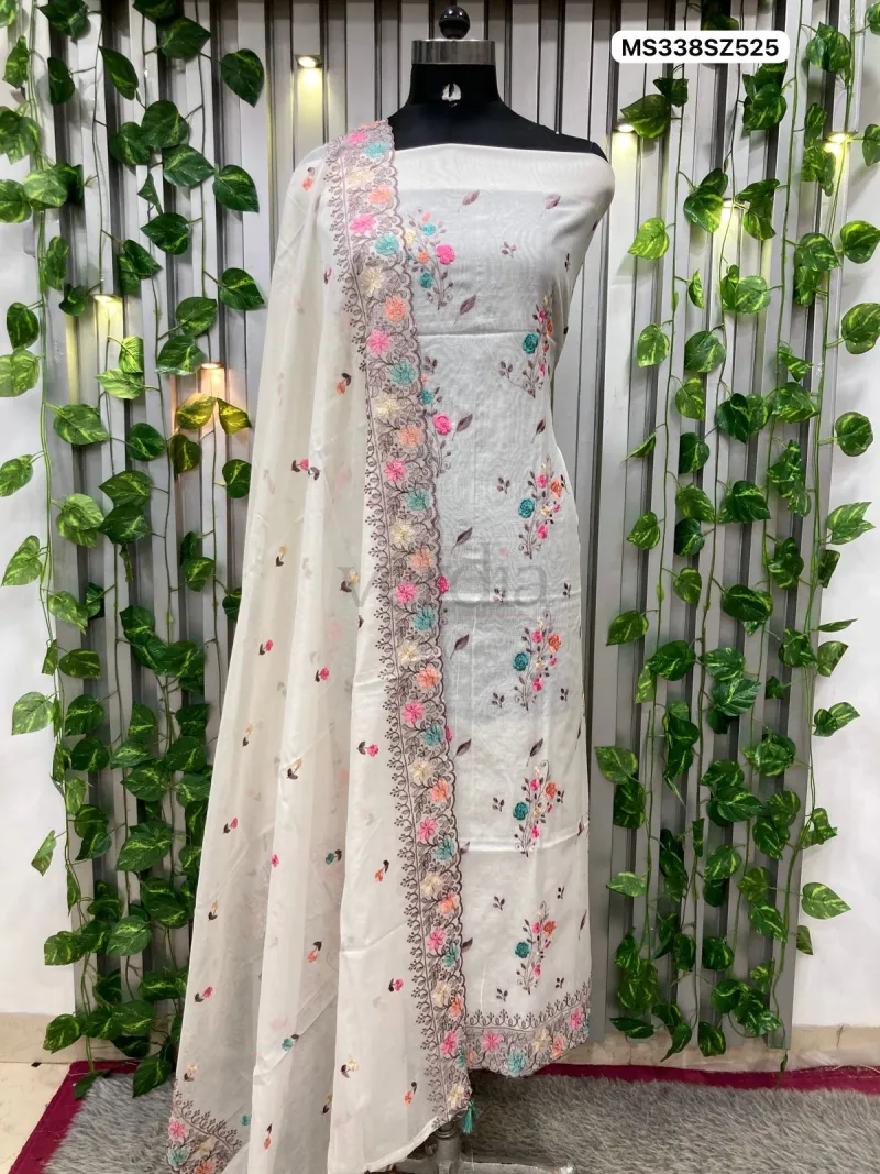 Mul Chanderi with Multi-embroidery Suit (Unstitched Material) view 5