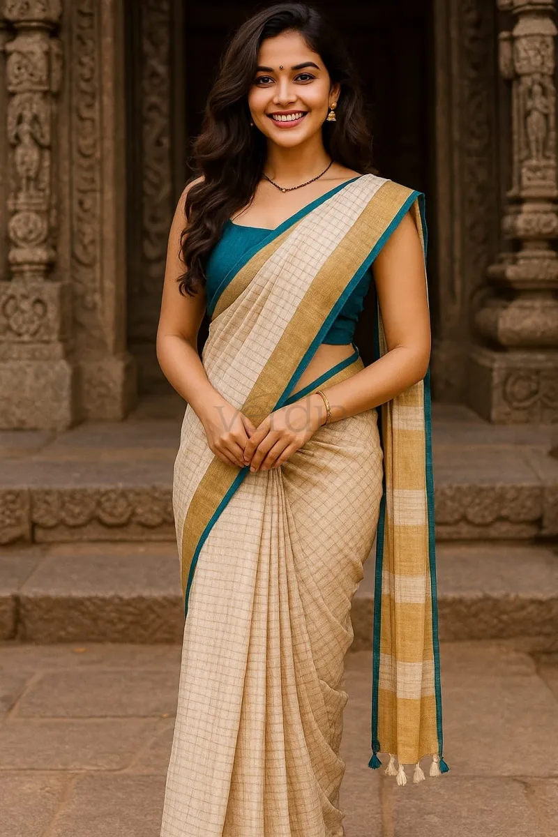 Kerala Onam sarees featuring a semi linen fabric view 2