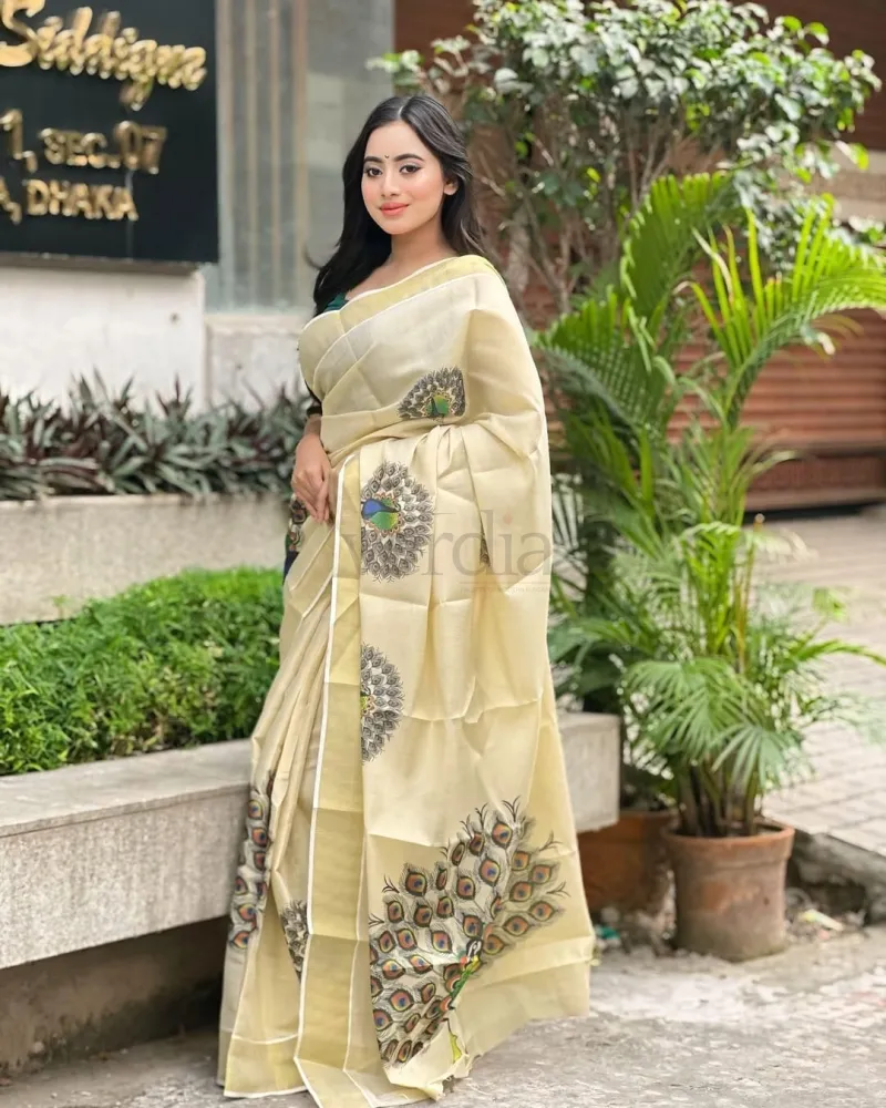 Onam Special Mural Print Kurti in premium quality golden tissue fabric. view 6