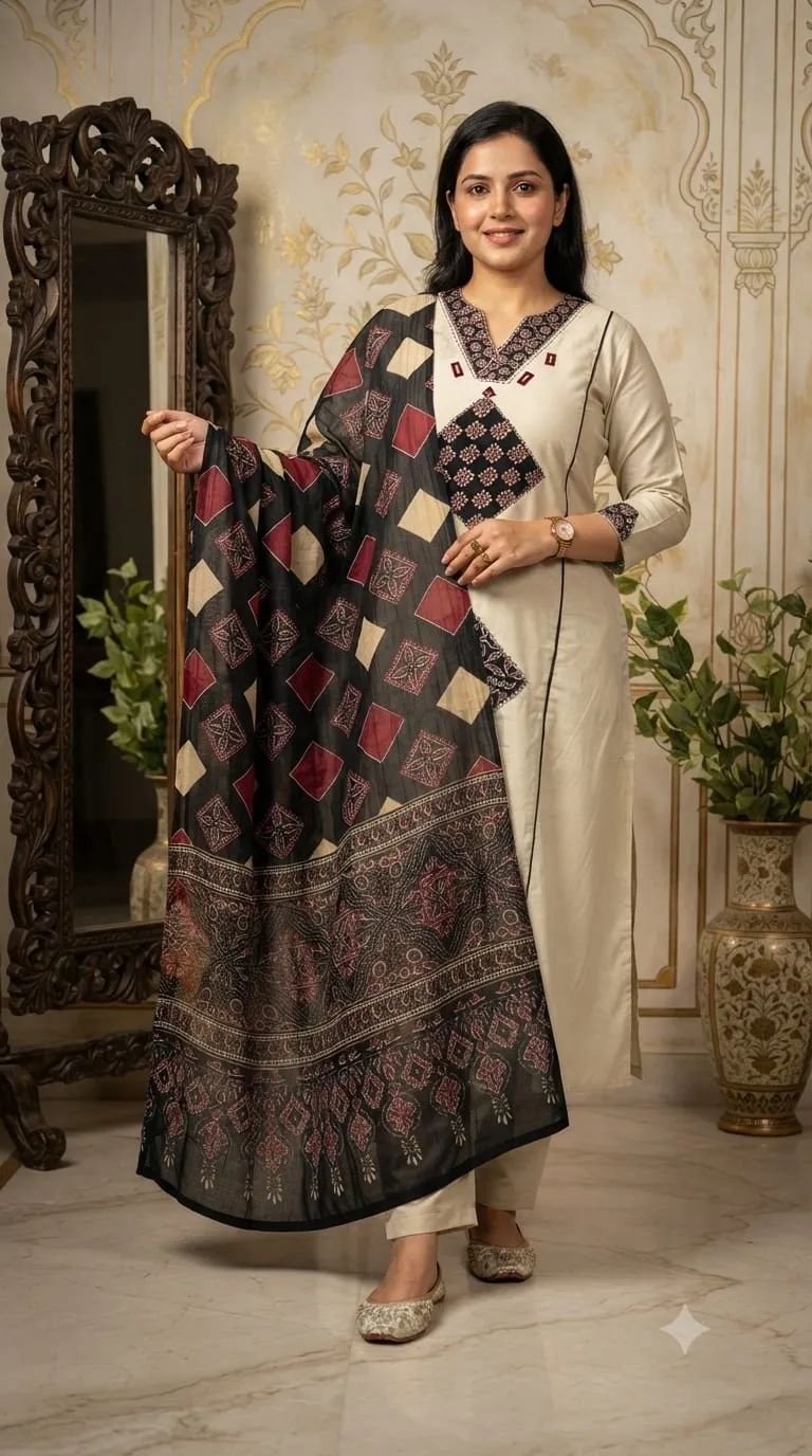 Premium Dhabu Cotton Suit with Azrakh Applique and real mirror work.