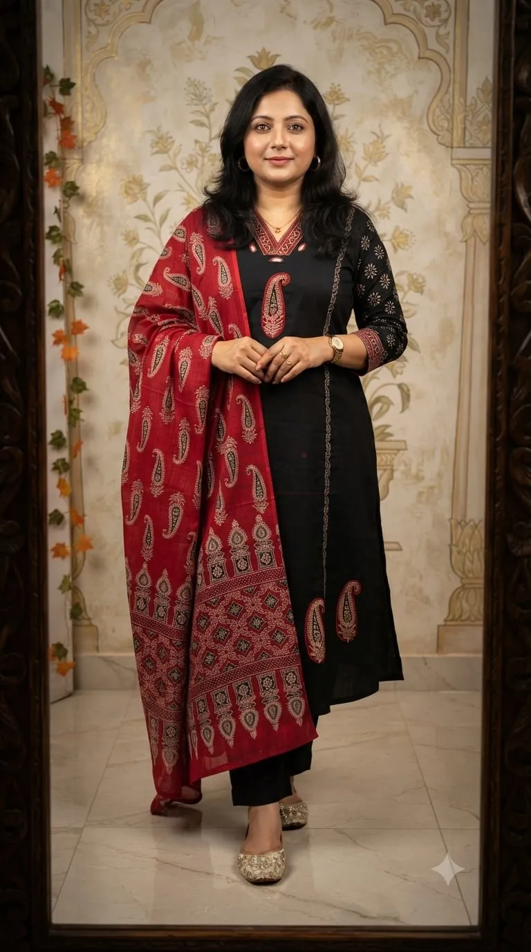 Premium Dhabu Cotton Suit with Azrakh Applique and real mirror work.
