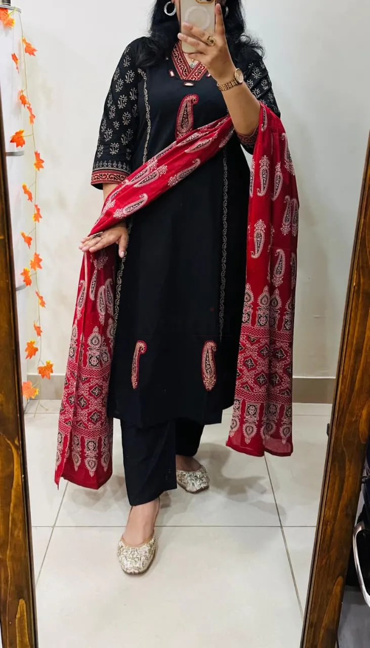 Premium Dhabu Cotton Suit with Azrakh Applique and real mirror work. view 9