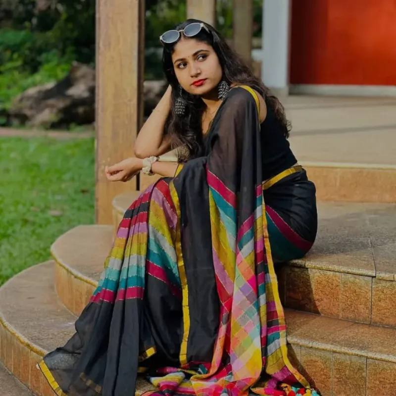 Exclusive  Mul Cotton multi-colour full body zari rainbow saree  (Without Blouse Piece) view 4