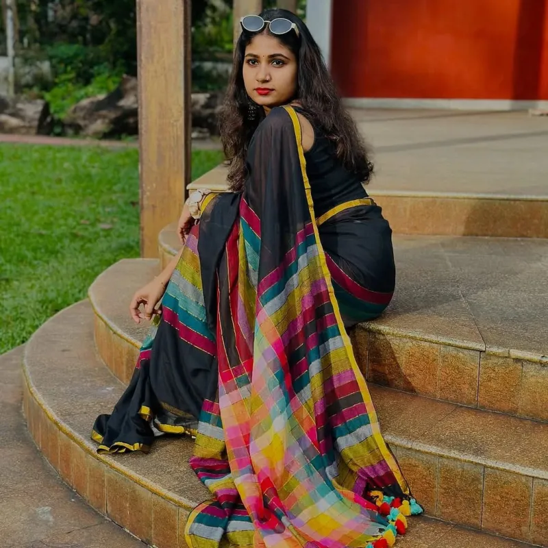 Exclusive  Mul Cotton multi-colour full body zari rainbow saree  (Without Blouse Piece) view 5