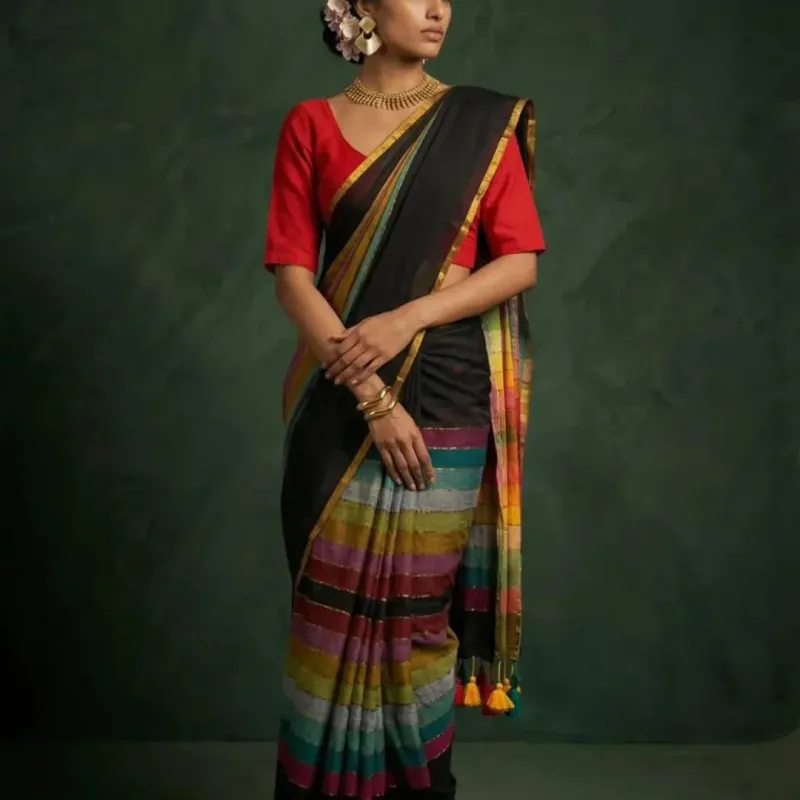 Exclusive  Mul Cotton multi-colour full body zari rainbow saree  (Without Blouse Piece) view 7