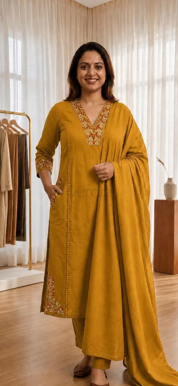 Cotton Suit Set with Mulmul Dupatta view 2