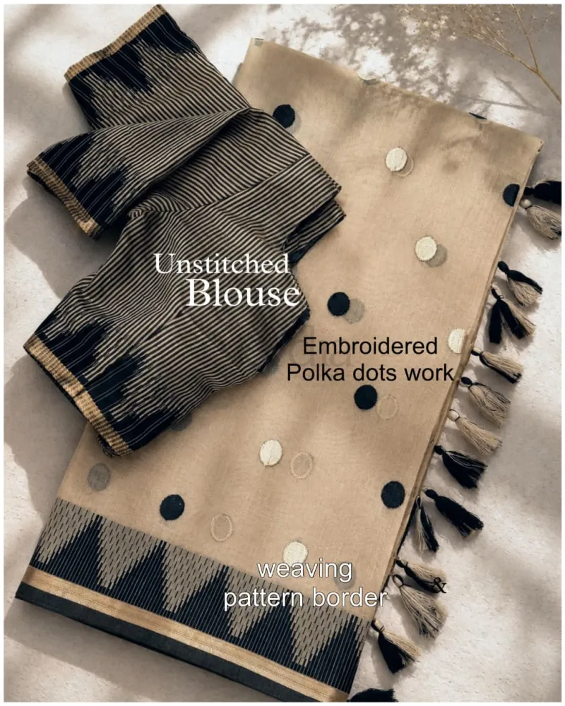 Beige and black modal cotton saree with Unstitched blouse piece view 5
