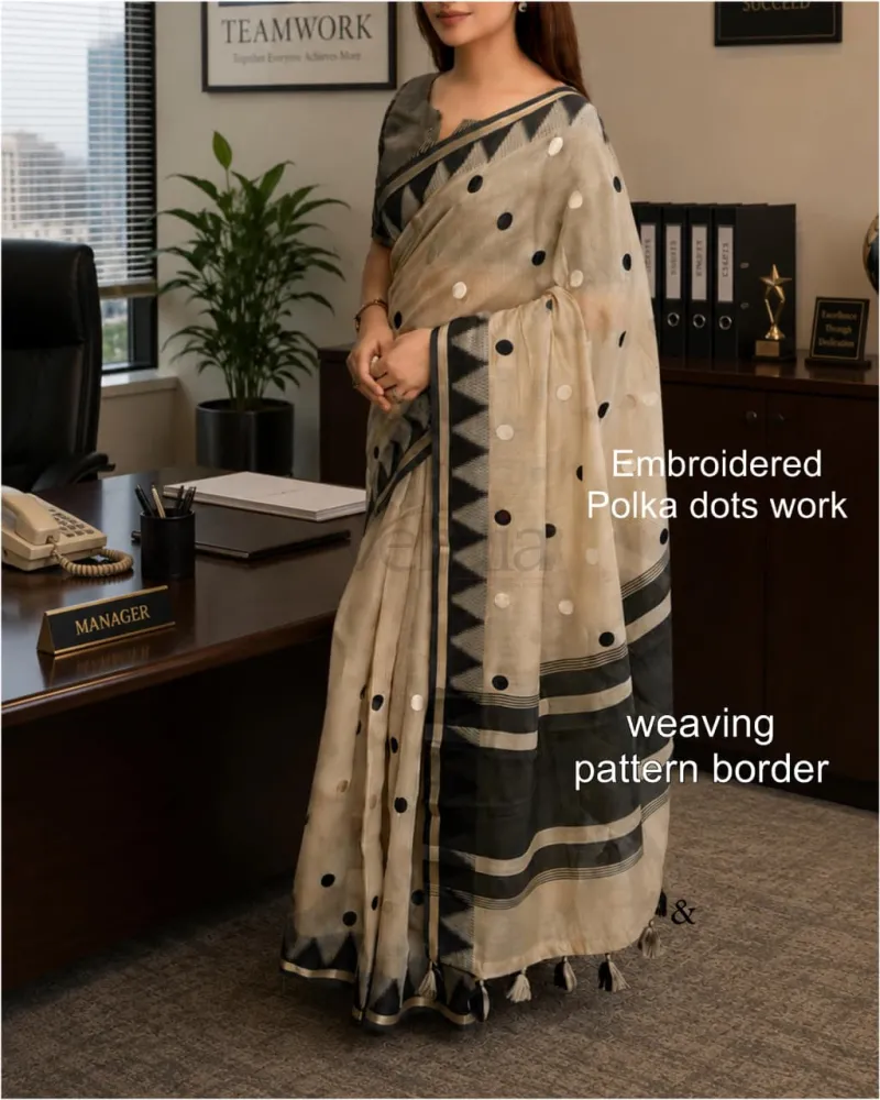 Beige and black modal cotton saree with Unstitched blouse piece view 6
