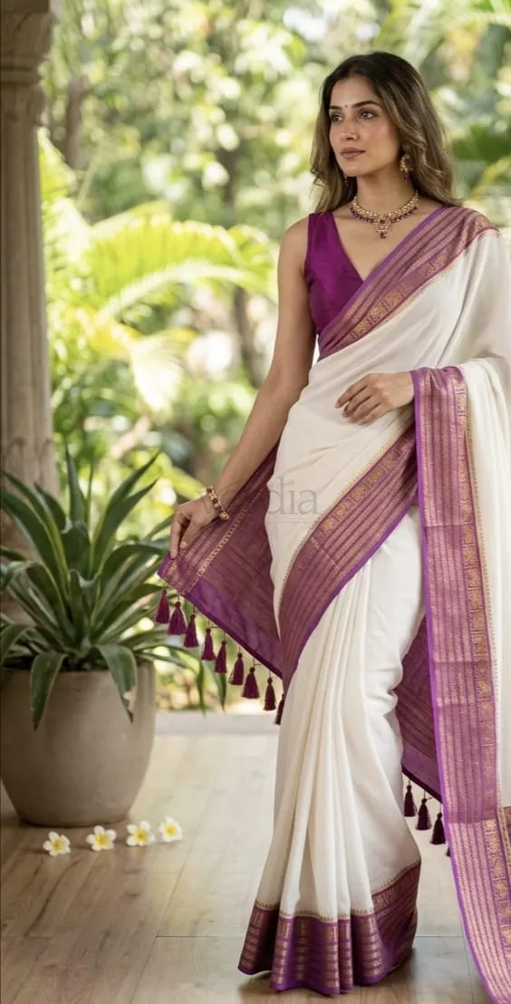 Kerala Onam special weaves; Pure Mulmul cotton saree (with running blouse piece) view 2