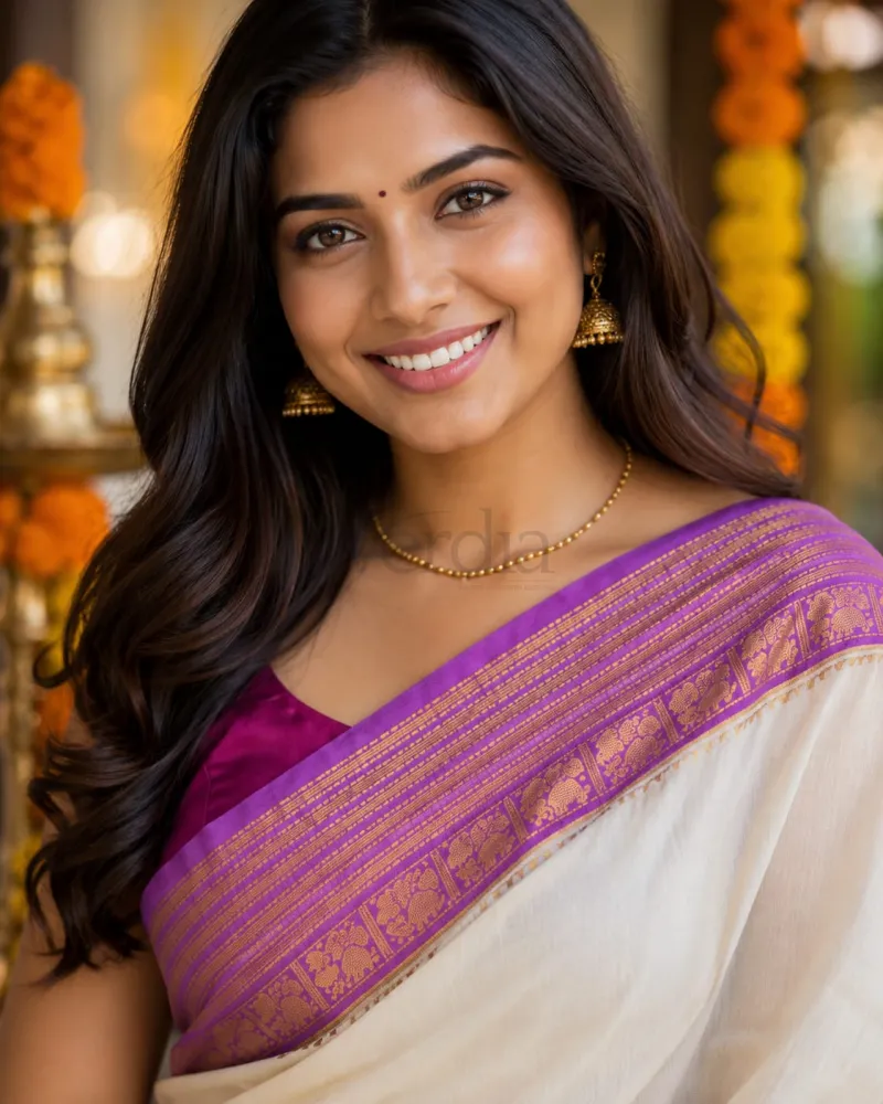 Kerala Onam special weaves; Pure Mulmul cotton saree (with running blouse piece) view 4
