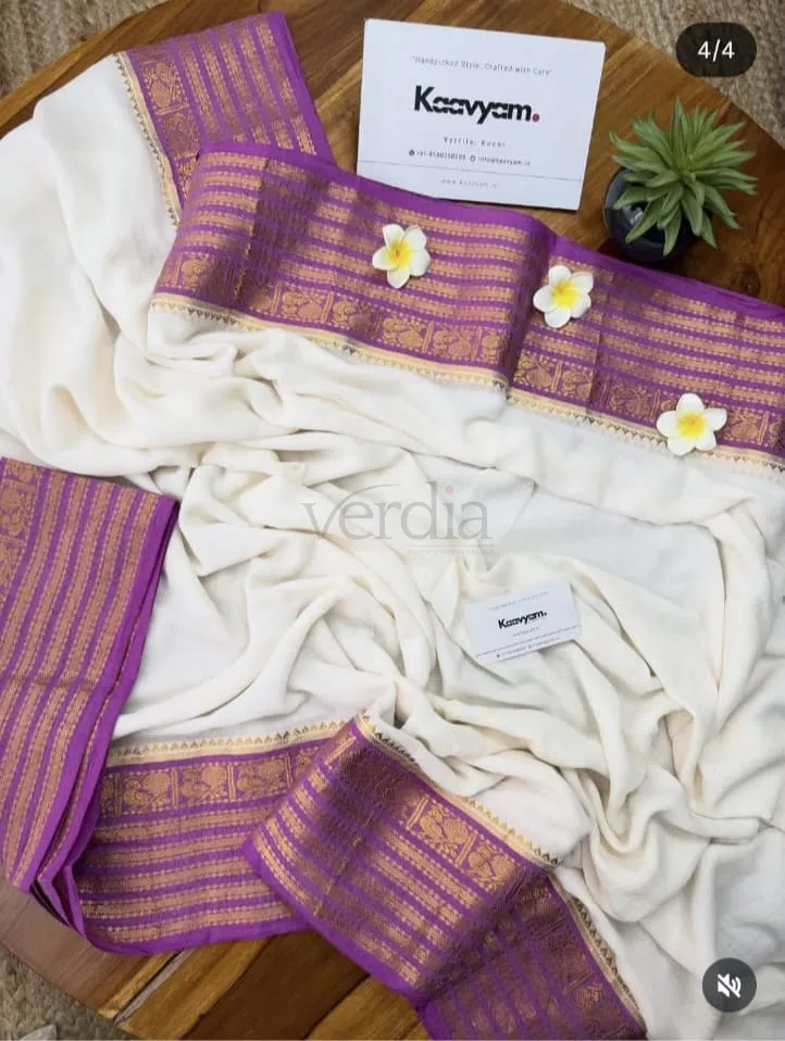 Kerala Onam special weaves; Pure Mulmul cotton saree (with running blouse piece) view 5