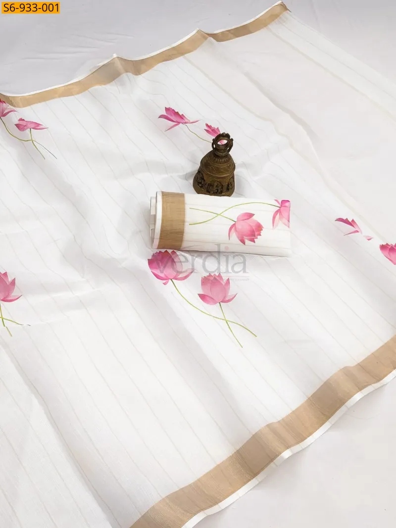 Floral printed linen saree with a golden zari border. view 3