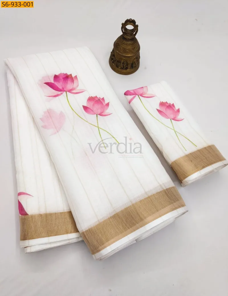 Floral printed linen saree with a golden zari border. view 4