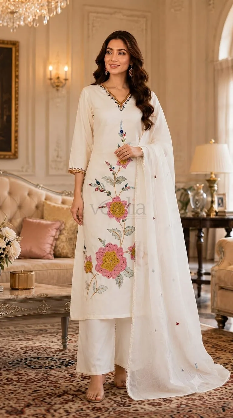 Pure cotton top featuring heavy embroidery and sequins work. view 5