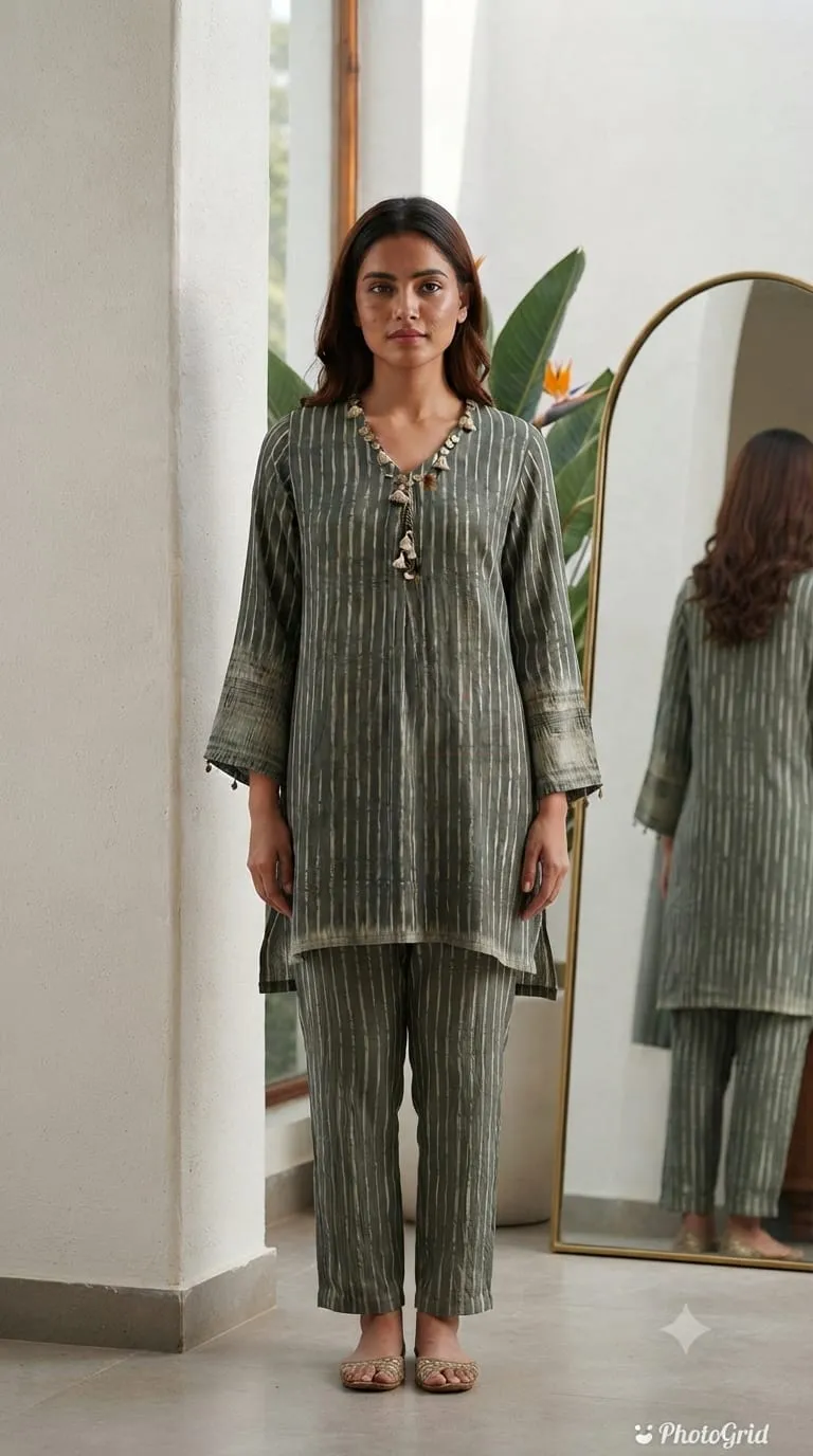 Premium designer pure natural crepe 2 pc set with yoke detailing view 2