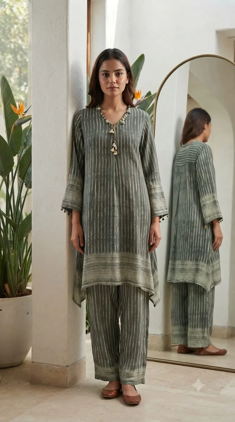 Premium designer pure natural crepe 2 pc set with yoke detailing
