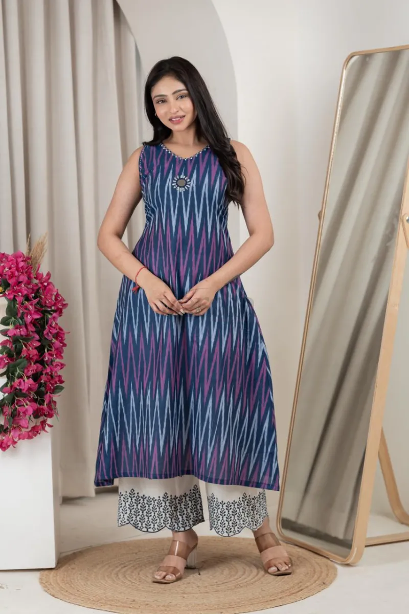 Smart Kurti Palazzo set featuring Ikkat Print with Kantha work