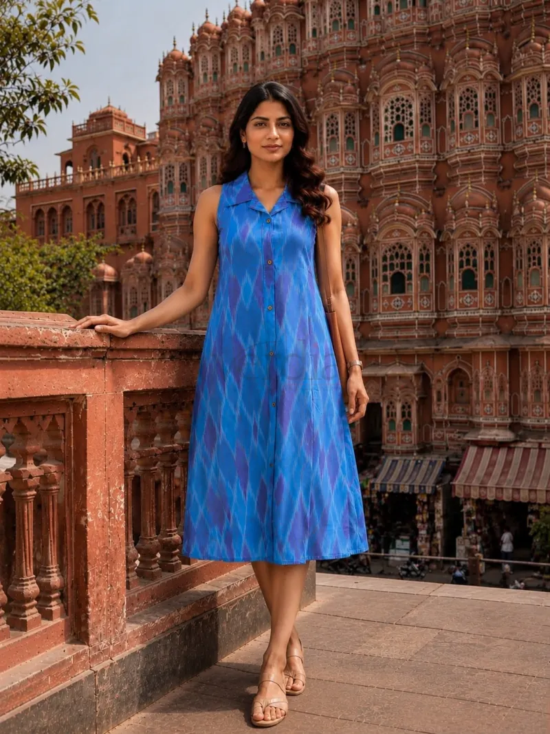 Smart A-line Midi Dress in Ikkat Print view 13