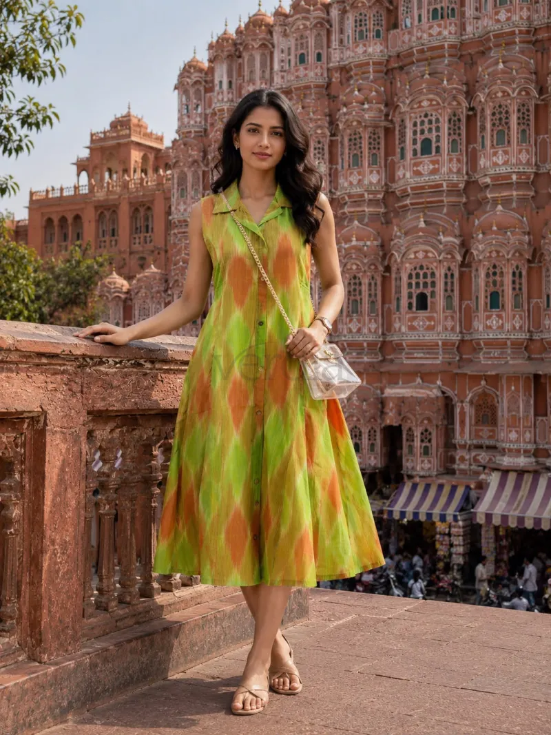Smart A-line Midi Dress in Ikkat Print view 14