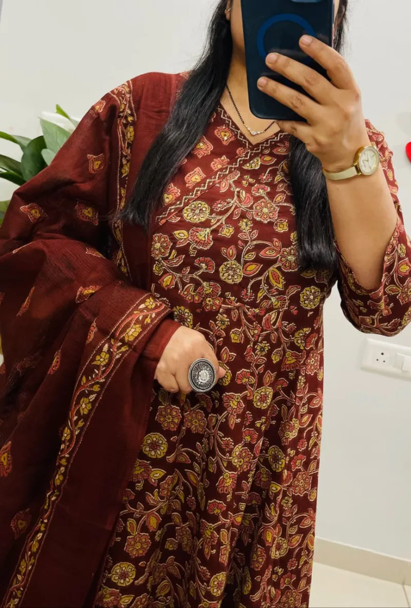 Kalamkari Print Idaho style floral kali kurti pant dupatta set