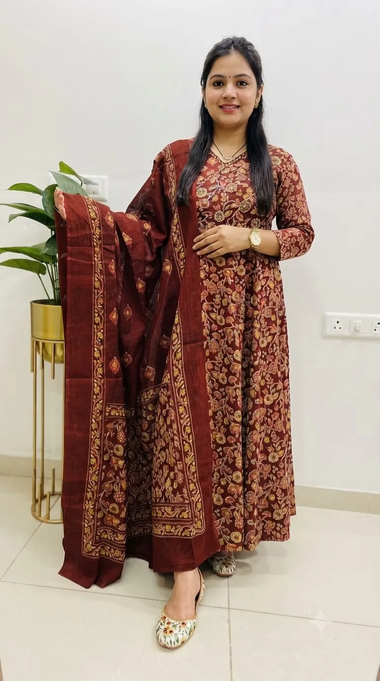 Kalamkari Print Idaho style floral kali kurti pant dupatta set