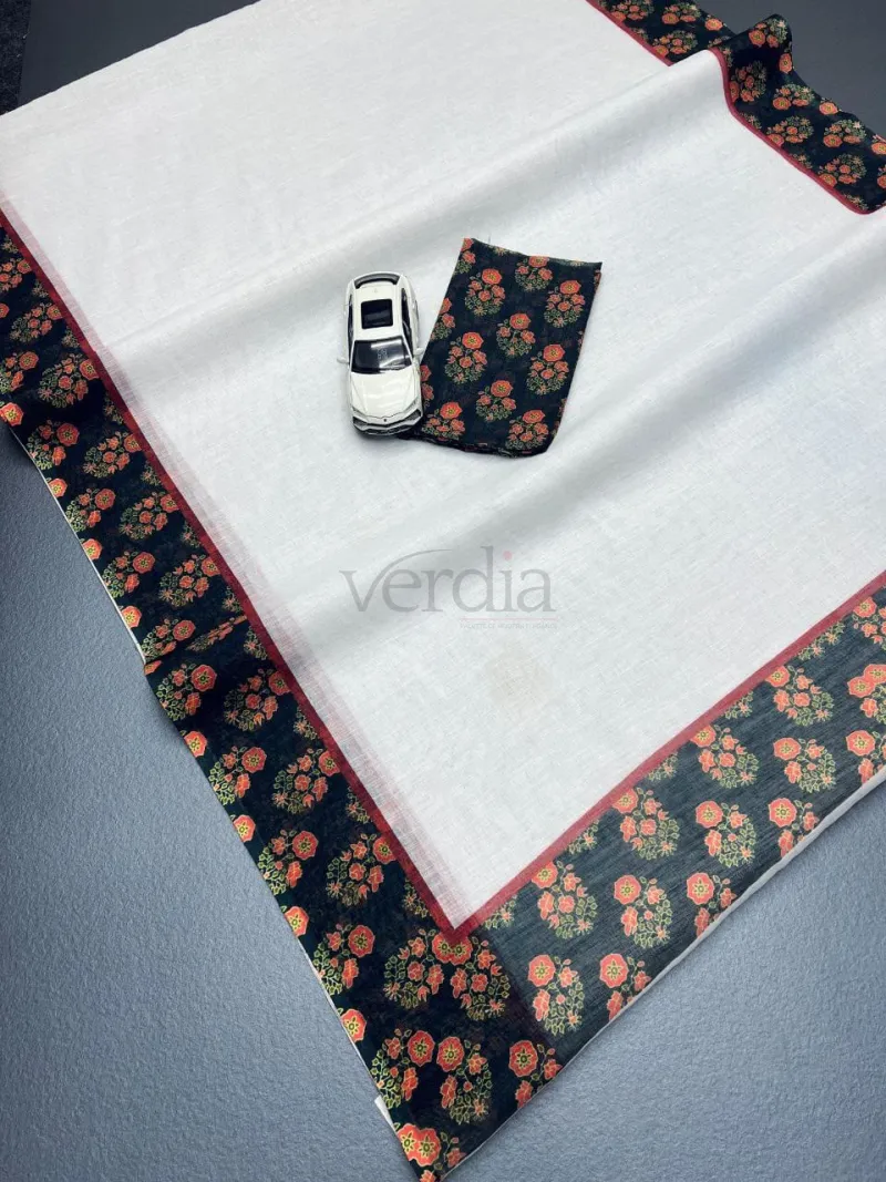 Onam Special saree crafted from plain linen with a digital print. view 2