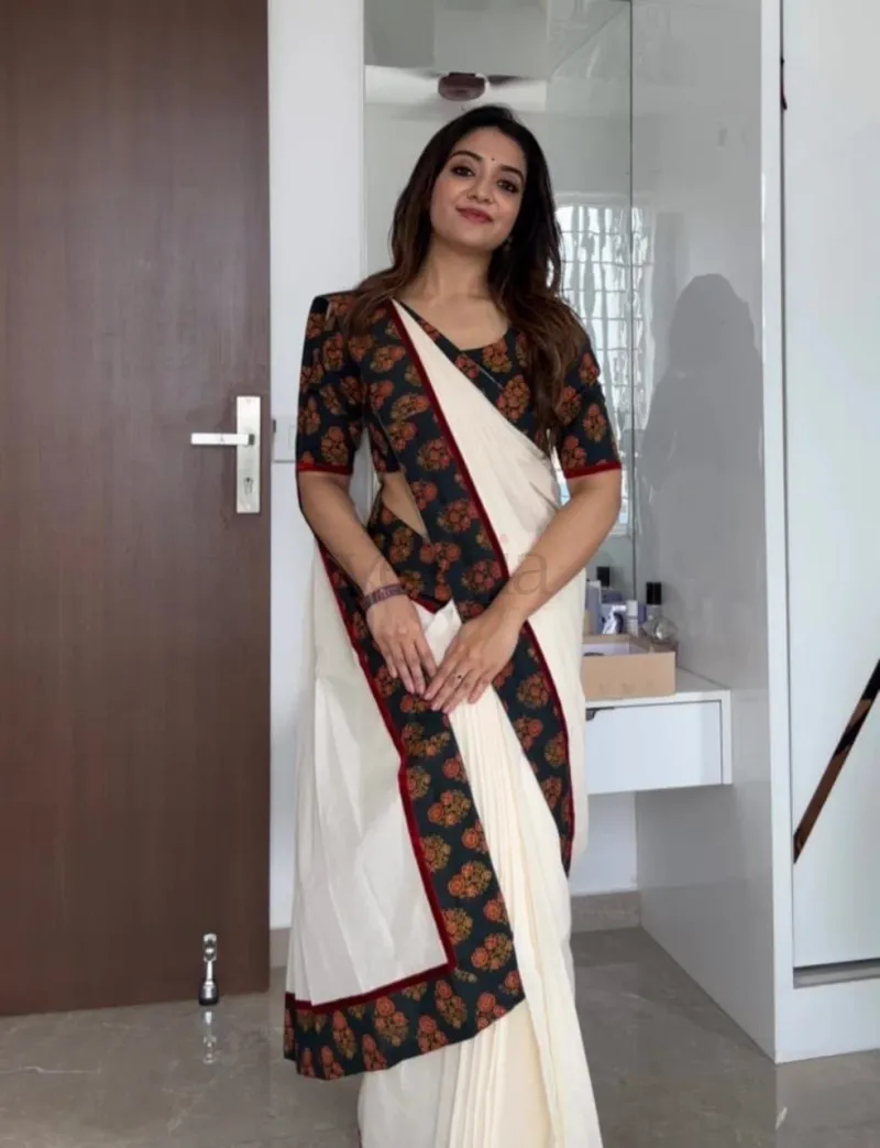 Onam Special saree crafted from plain linen with a digital print.