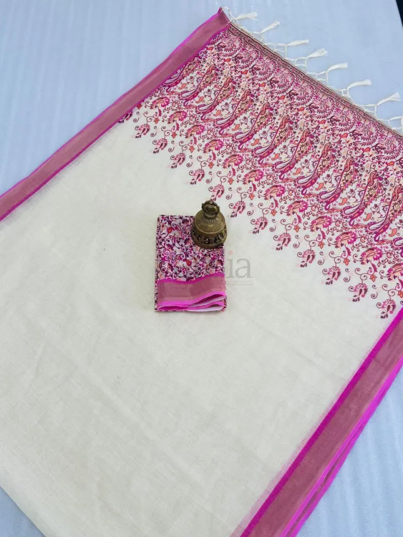 Onam Special saree crafted from plain linen with a digital print. view 6