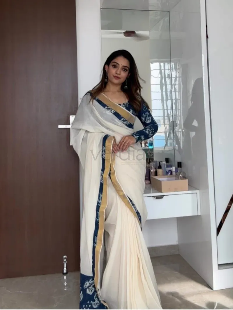 Onam Special saree crafted from plain linen with a digital print. view 7