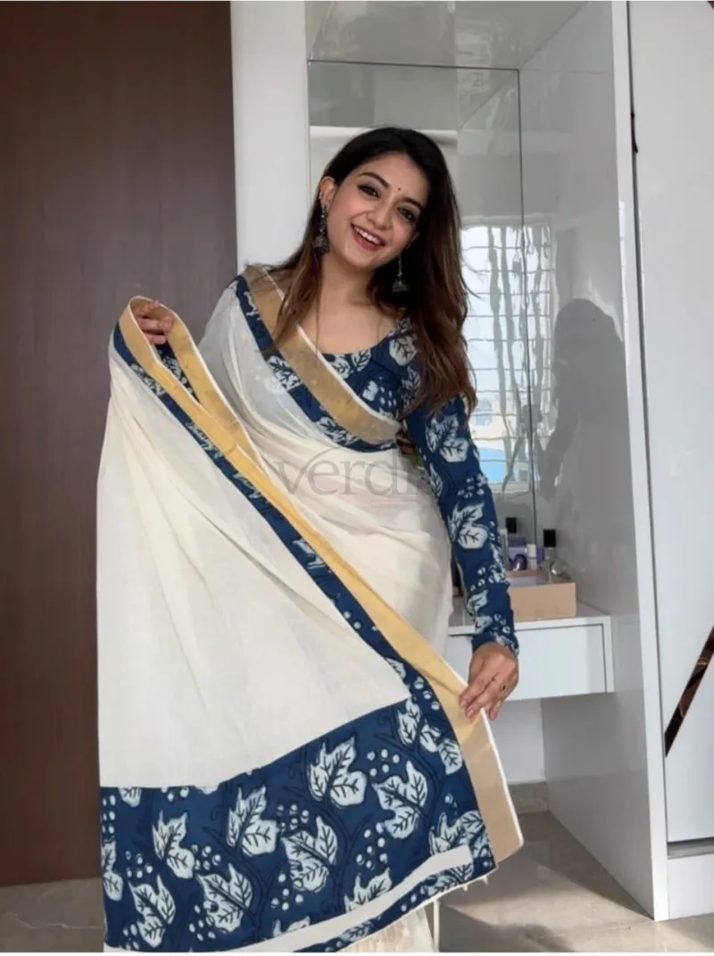 Onam Special saree crafted from plain linen with a digital print. view 8