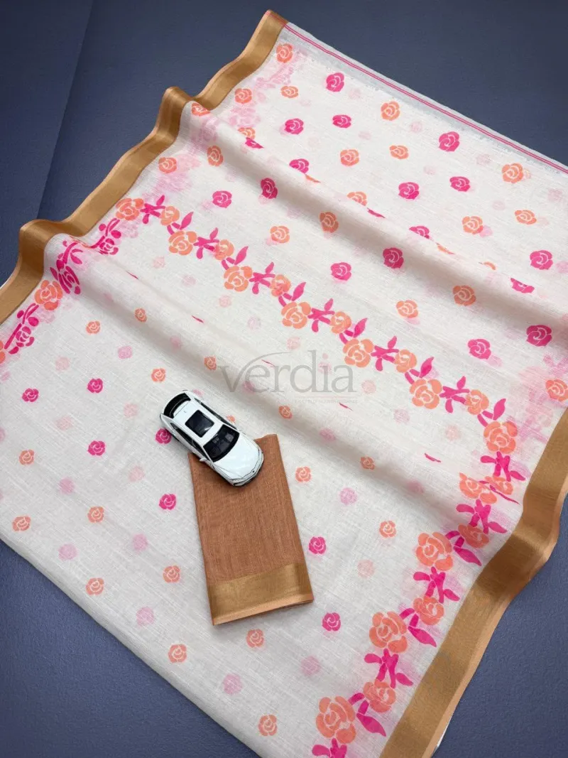 Onam Special saree crafted from plain linen with a digital print. view 10