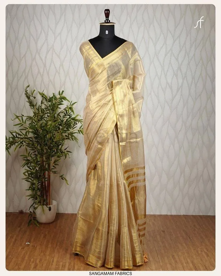 Golden Kasavu Premium Linen Zari Tissue Silk Saree view 2