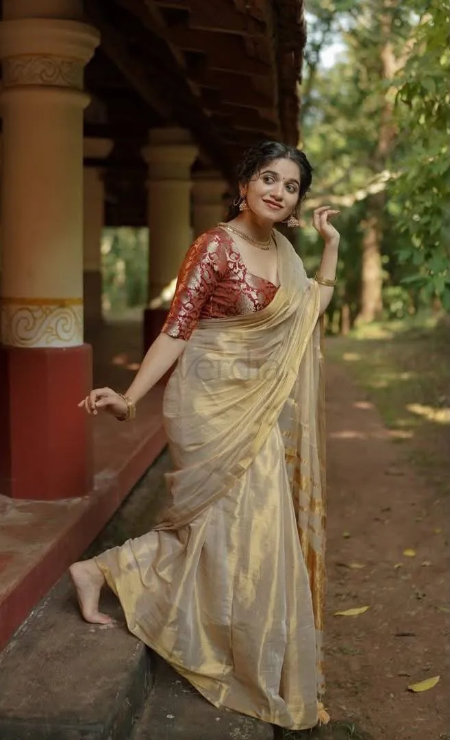 Golden Kasavu Premium Linen Zari Tissue Silk Saree view 3