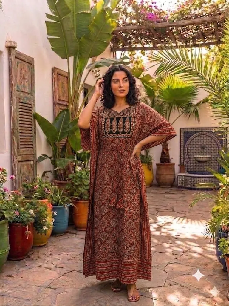 Ajrakh vegetable print long kaftan made from cotton fabric