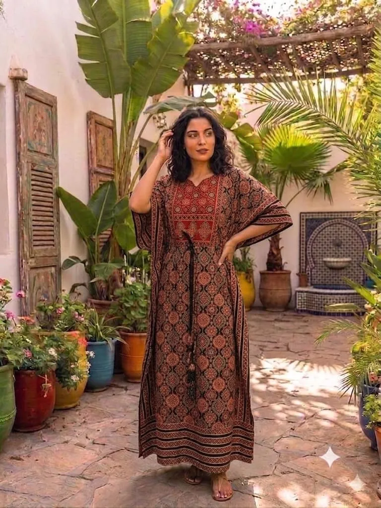 Ajrakh vegetable print long kaftan made from cotton fabric