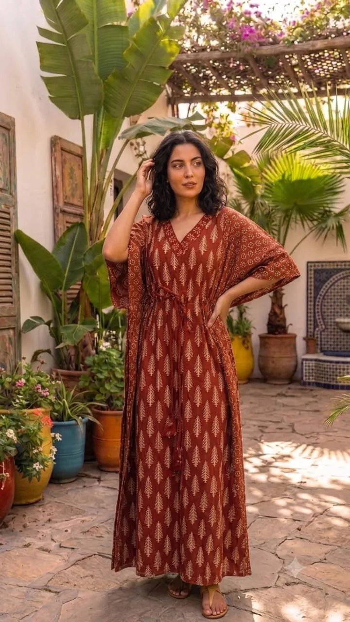 Ajrakh vegetable print long kaftan made from cotton fabric view 3