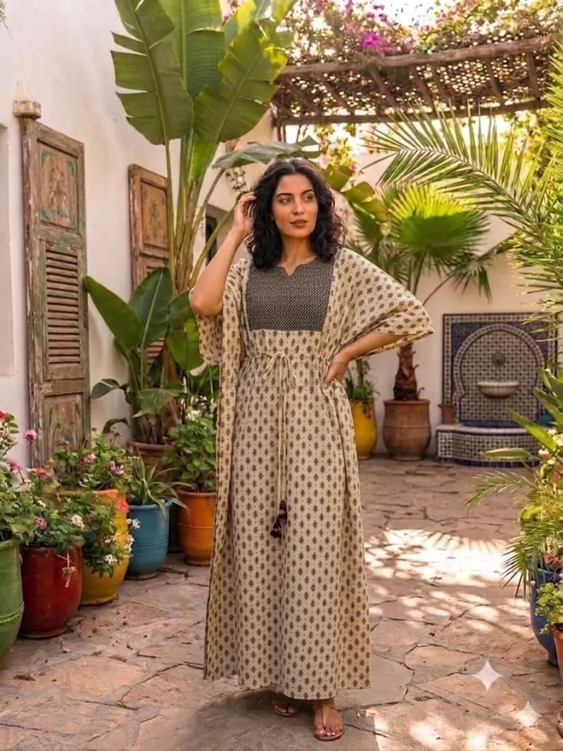 Ajrakh vegetable print long kaftan made from cotton fabric view 5