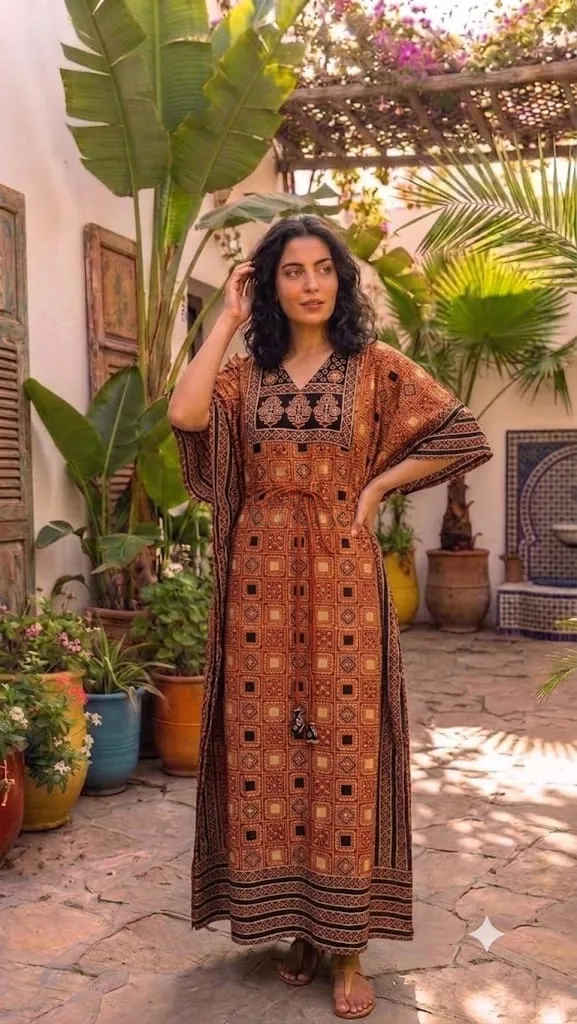 Ajrakh vegetable print long kaftan made from cotton fabric view 7