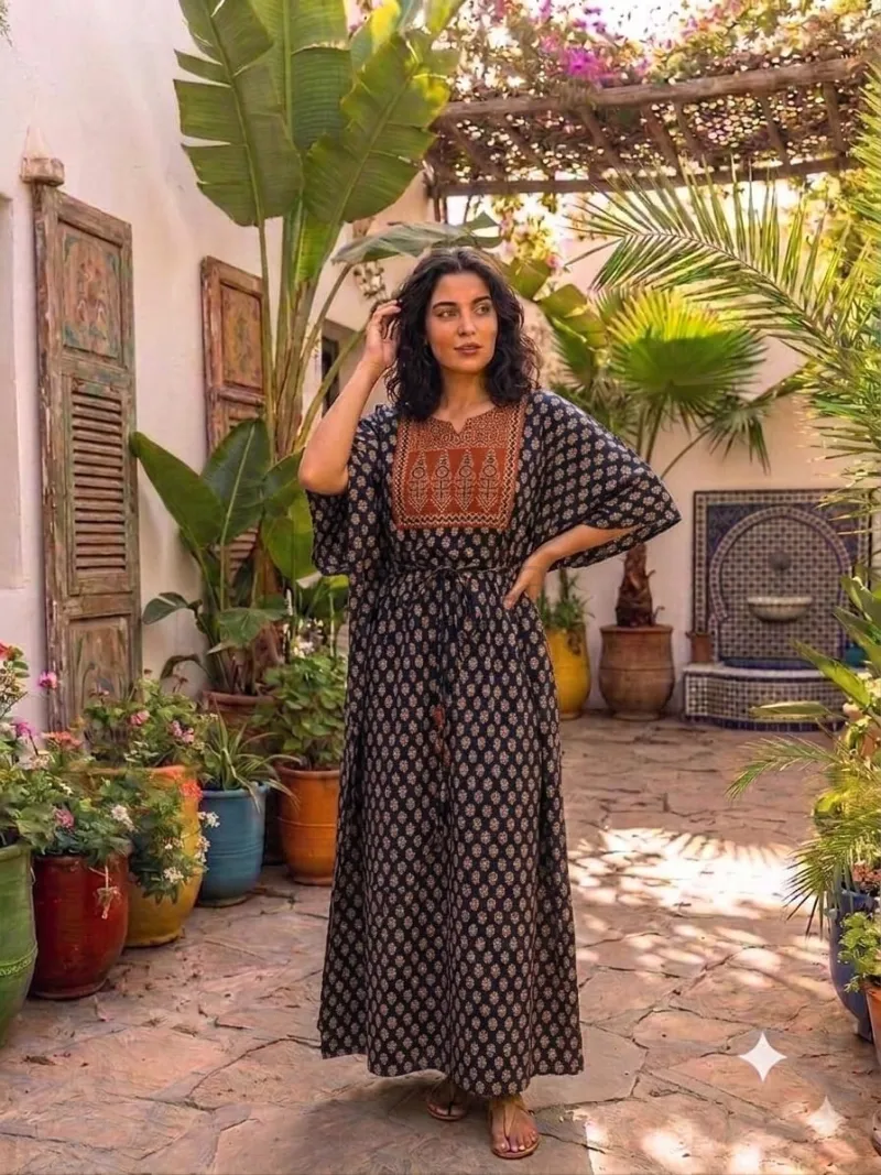 Ajrakh vegetable print long kaftan made from cotton fabric view 8
