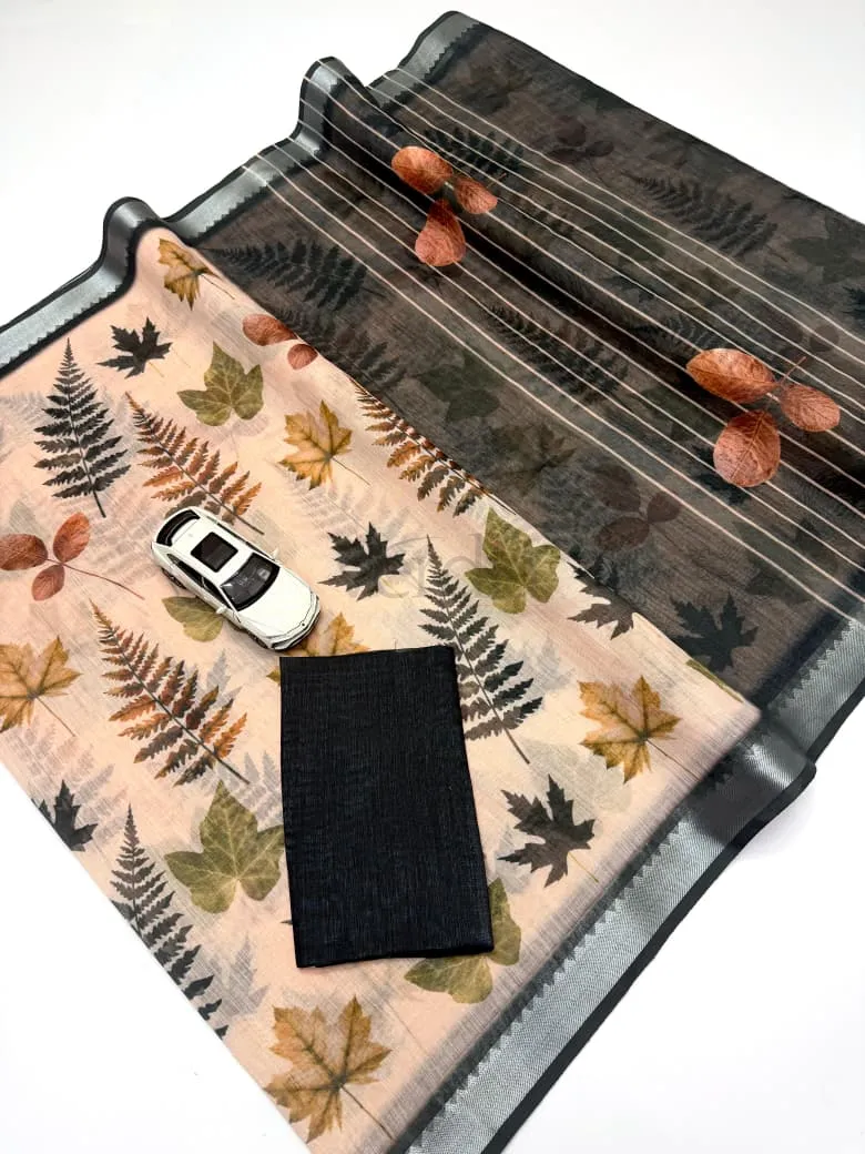 Soft Linen Saree with a Mangalagiri border with digital Print view 2