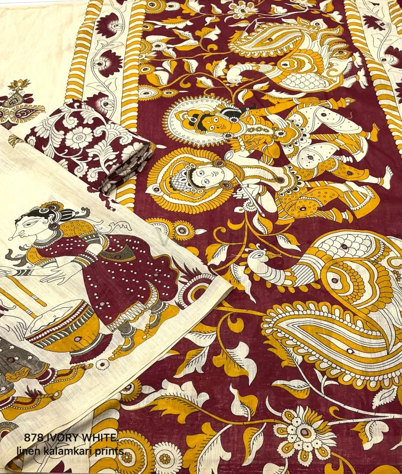Soft linen saree with elegant kalamkari style prints. view 5