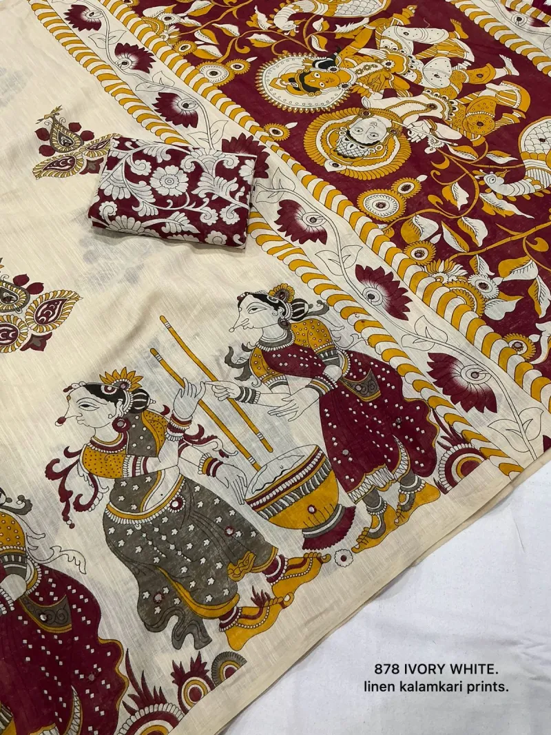 Soft linen saree with elegant kalamkari style prints. view 6