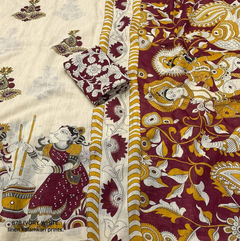 Soft linen saree with elegant kalamkari style prints. view 7