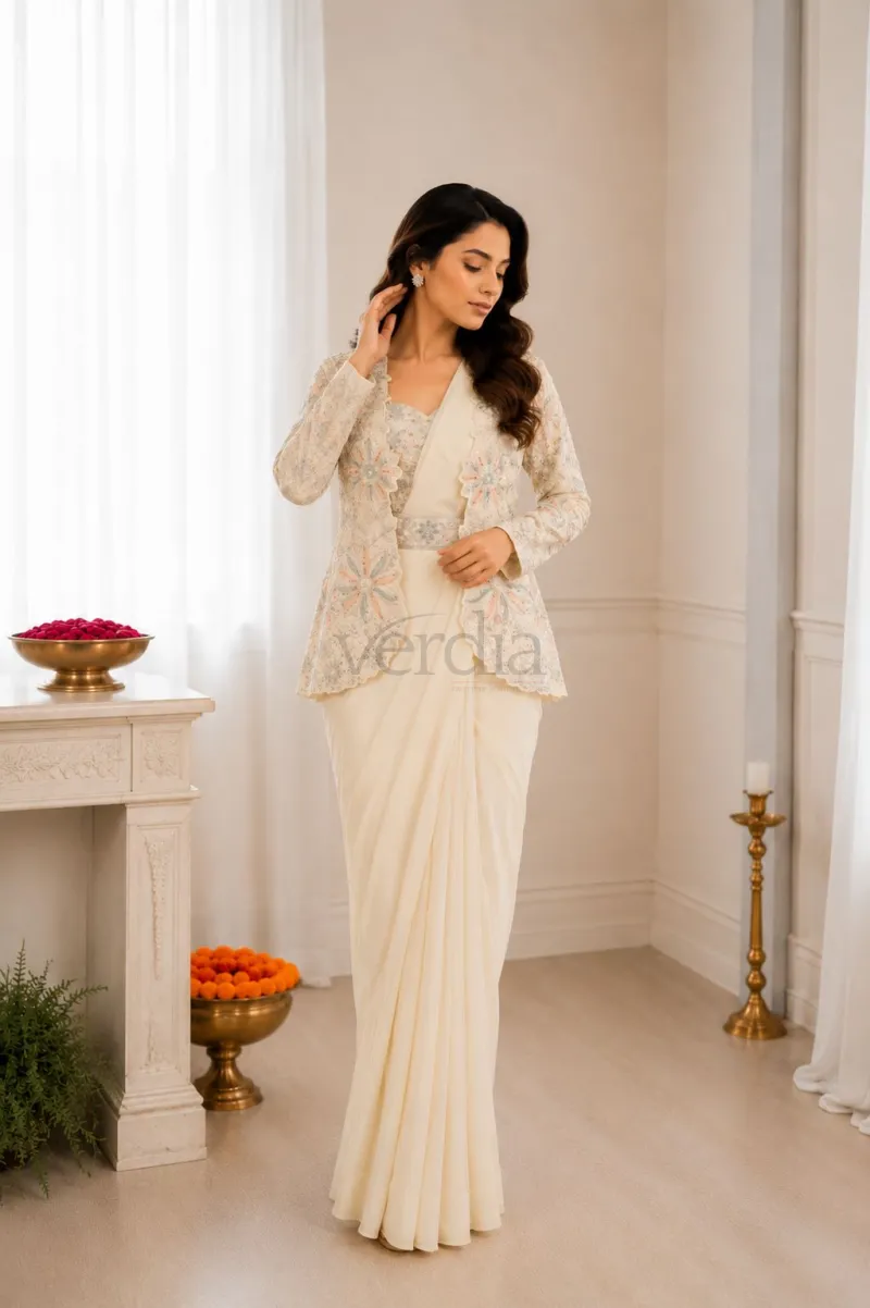 Premium ready-to-wear saree is crafted from heavy crepe silk view 6