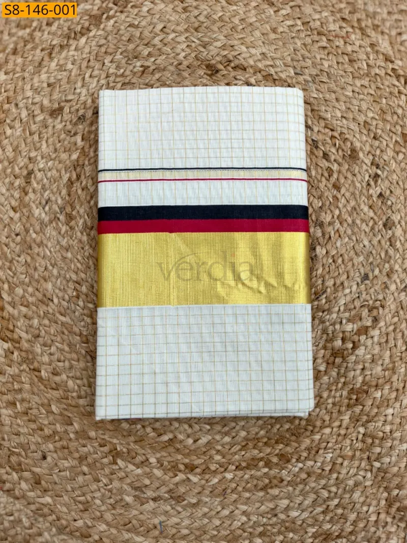 Check Cotton Saree with Zari Border and Red and Black Zari Pallu view 2